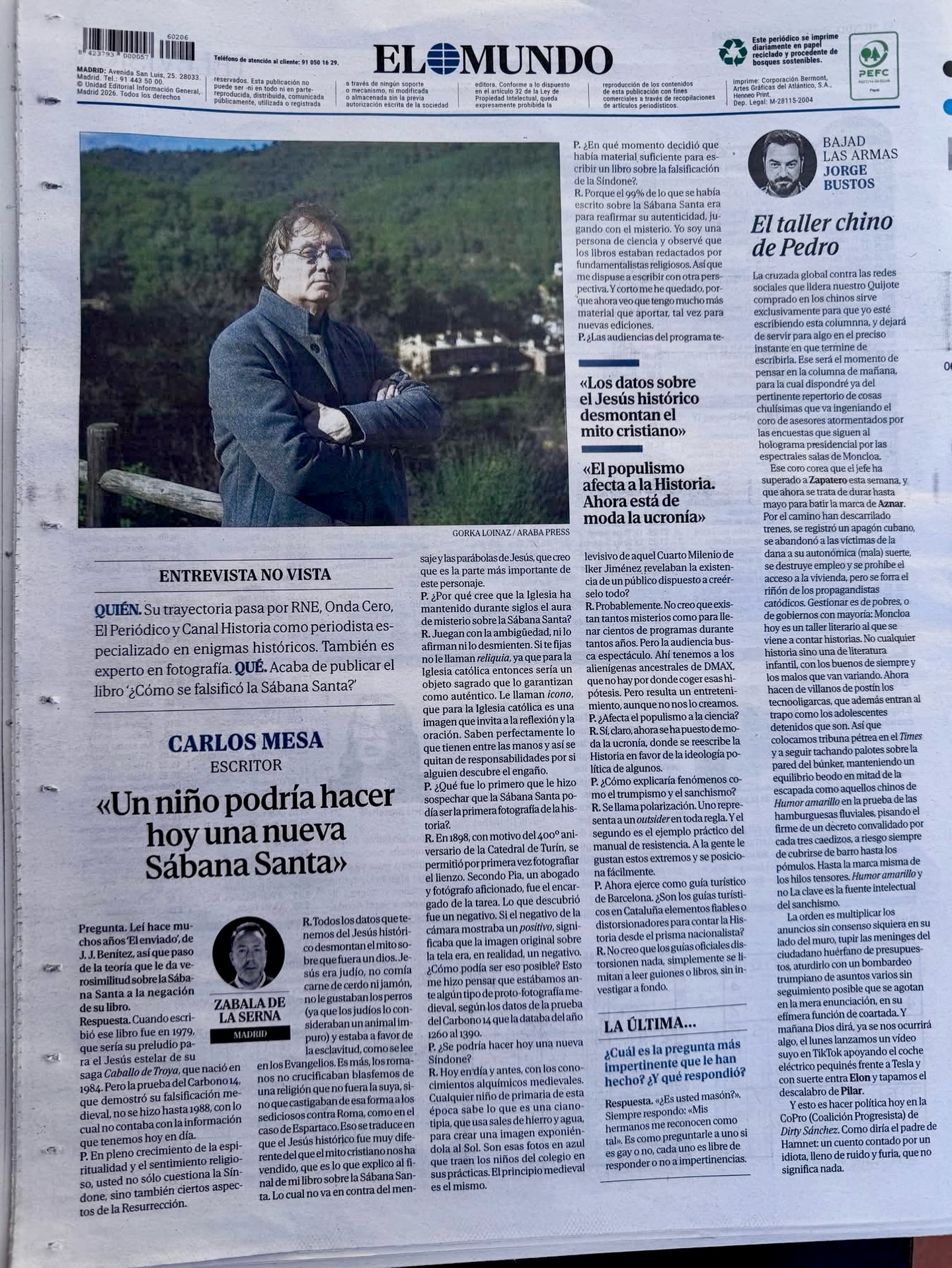 Contraportada del diario El Mundo, donde se me realizó una extensa entrevista sobre la falsificación de la Sábana Santa, a raíz de la publicación de mi último libro sobre este tema, publicado por la editorial Guante Blanco. En el libro demuestro que la tela es un tipo de protofotografia antigua, similar a la cianotipia, usado por alquimistas medievales.#sabanasanta #sindonedeturín